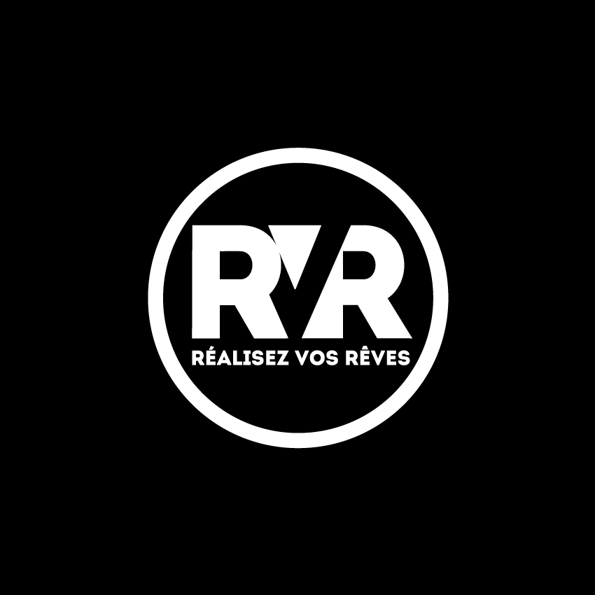 Logo RVR, réalisez vos rêves. Monochrome blanc sur fond noir