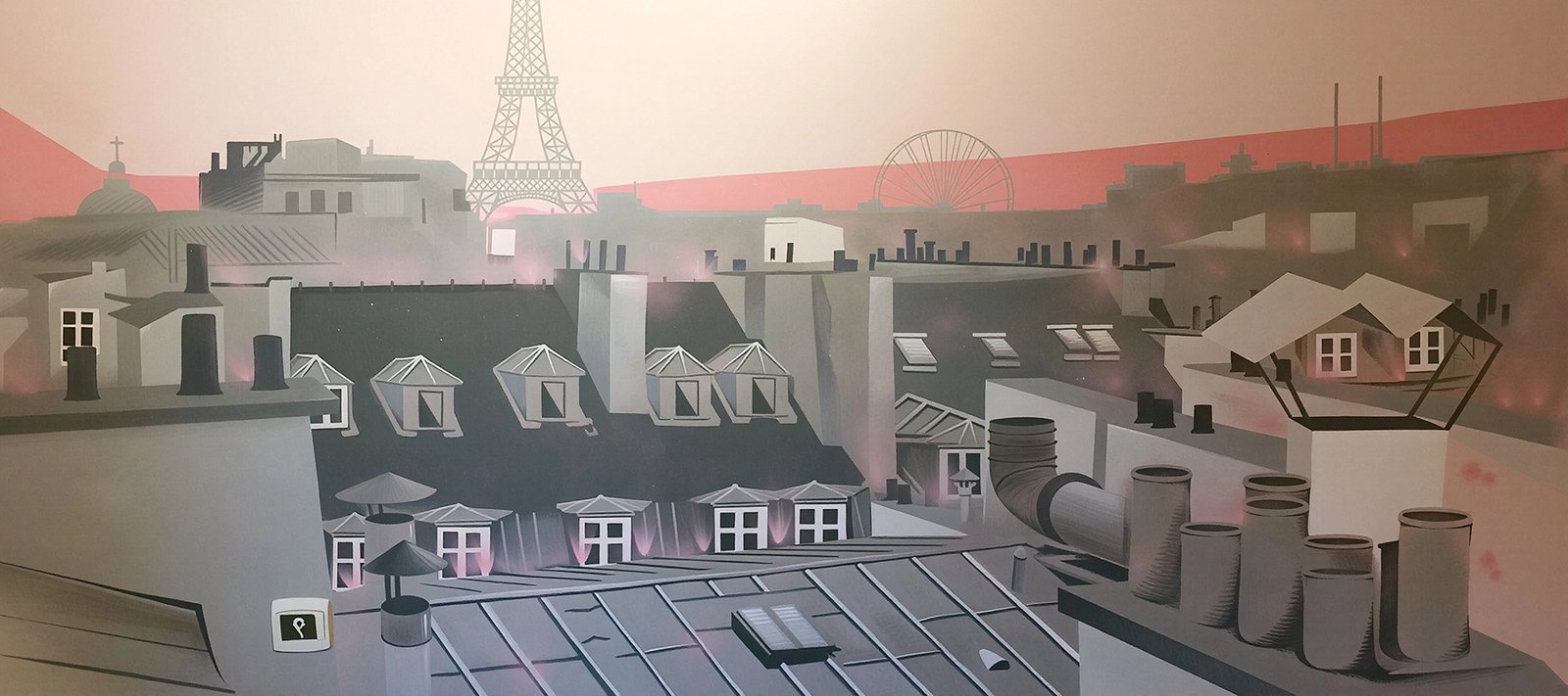 Chambre d'enfant avec vue sur les toits de Paris et la Tour Eiffel. Décoration murale inspirante et poétique.