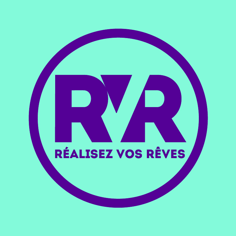 Logo RVR, réalisez vos rêves. Violet sur fond Turquoise