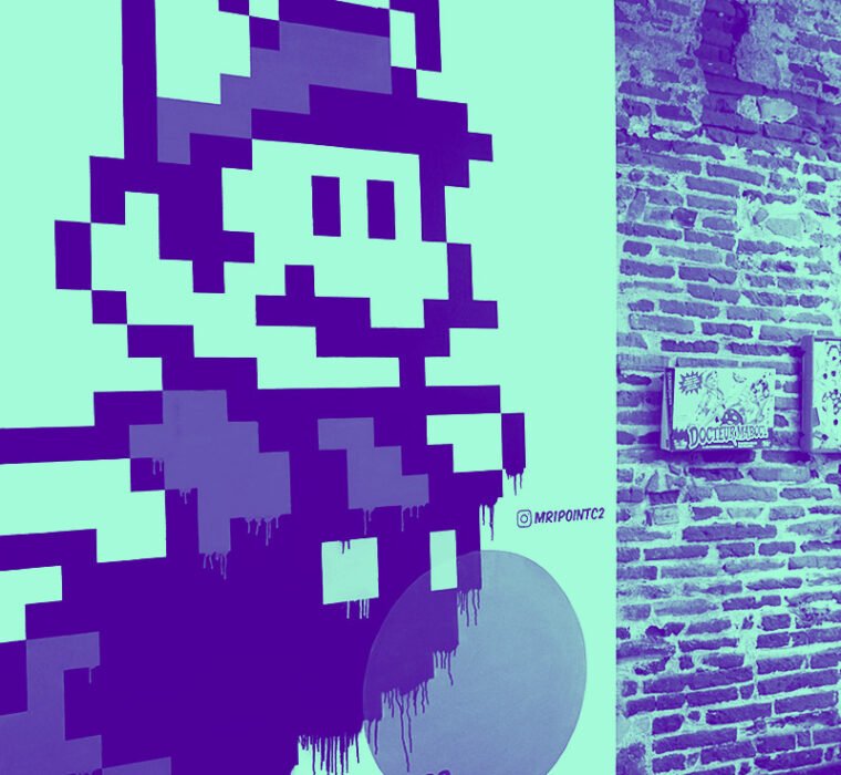 Art mural pixelisé : personnage de jeu vidéo rétro sur fond coloré. Ambiance vintage.