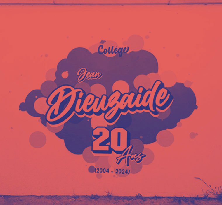 Fresque murale style graffiti, couleurs orange et violet, célébrant les 20 ans du Collège Jean Dieuzaide. Typographie créative, ambiance urbaine.