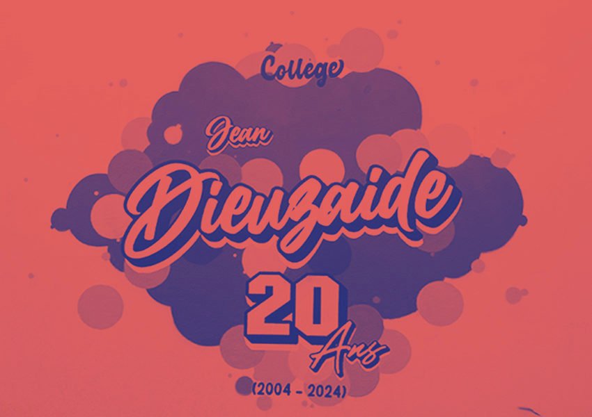 Fresque murale style graffiti, couleurs orange et violet, célébrant les 20 ans du Collège Jean Dieuzaide. Typographie créative, ambiance urbaine.