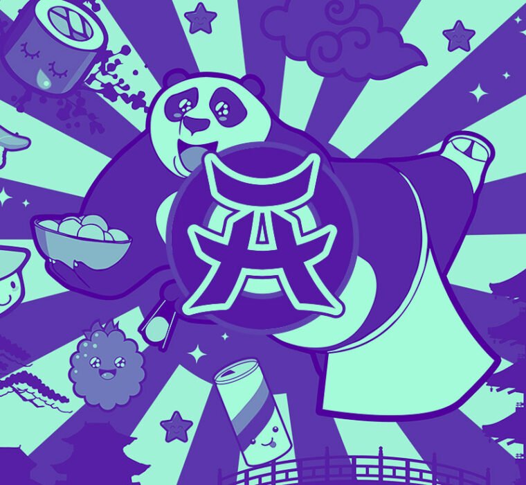 Illustration street-art aux motifs japonais : panda, sushi, nuages, étoiles, dans un style graphique violet et turquoise. Ambiance pop et colorée.