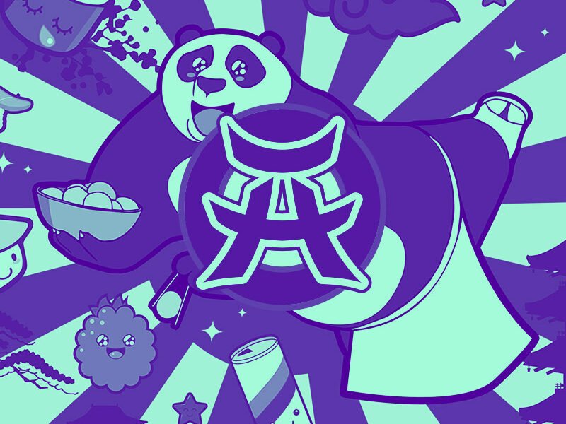 Illustration street-art aux motifs japonais : panda, sushi, nuages, étoiles, dans un style graphique violet et turquoise. Ambiance pop et colorée.