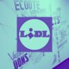 Graffiti Lidl : lettrage violet sur fond turquoise, mots clés entreprise (écoute, valeurs, management). Style urbain, composition dynamique.