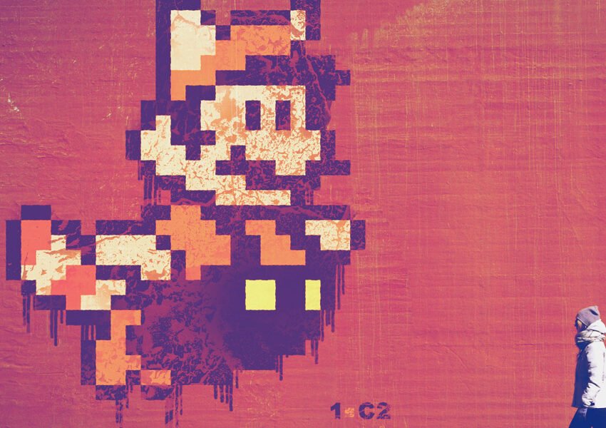 Mur peint style pixel-art sur fond rouge, représentant un personnage de jeu vidéo. Couleurs vives et graphisme urbain. Murals-4.jpg