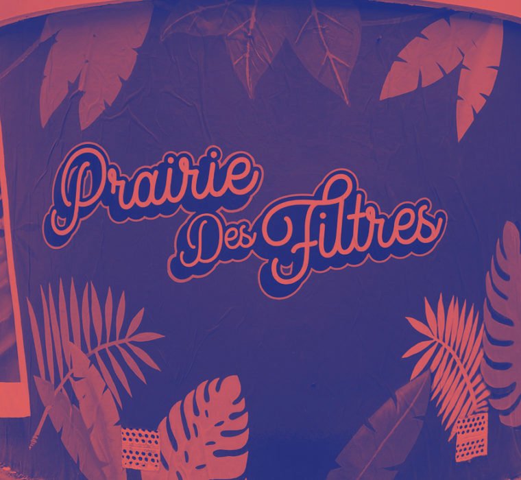 Graffiti "Prairie des Filtres" avec lettrage stylisé et motifs végétaux (feuilles de palmier). Couleurs dominantes : bleu et orange, style urbain.