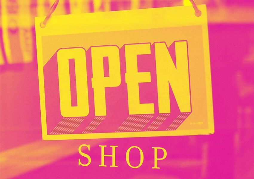 Image graphique d'une pancarte "OPEN SHOP" jaune sur fond rose vif, style pop art ou graffiti, effet de contraste saisissant.  vignette_shop.jpg